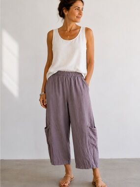 Bryn Walker 100% Linen Cropped Lantern Pants Sz Large Dusty Lavender Made USA